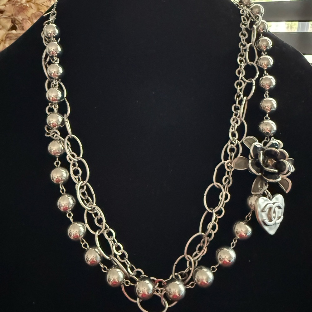 Upcycled Silver Tone Floral and CC Charm Layered Necklace